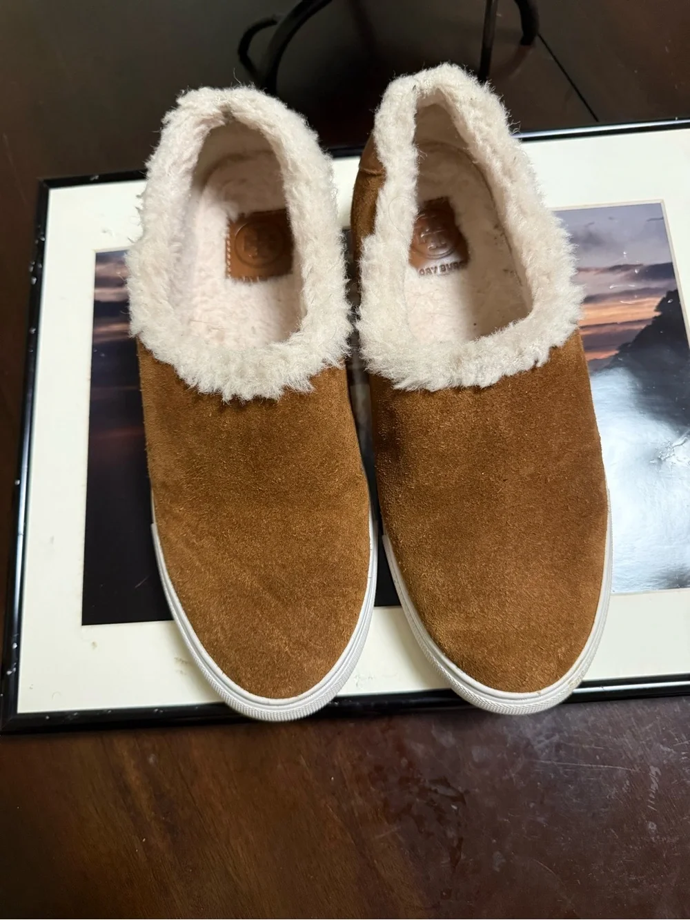 Tory Burch Kids Tan Leather Slip-On Sneakers with Cream Shearling Trim
